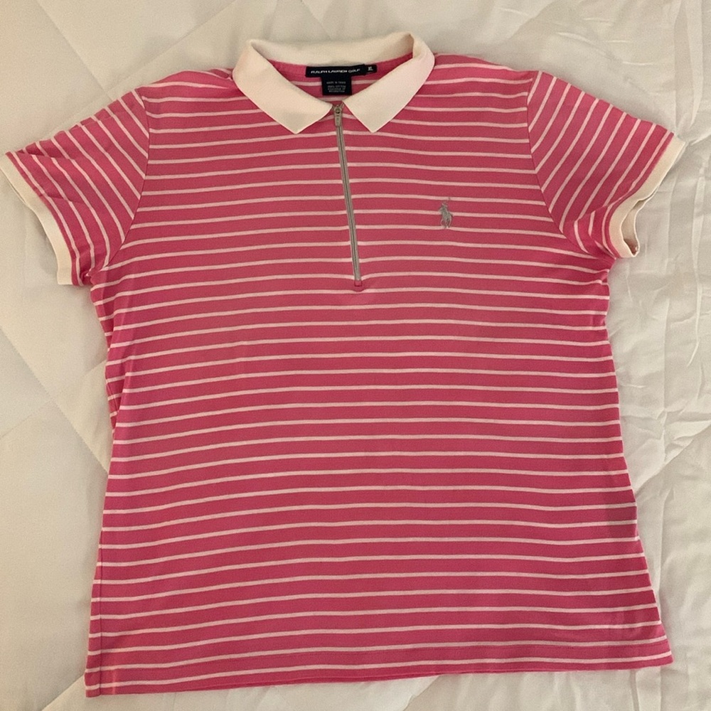 Ralph Lauren Golf Polo Shirt, Zip Front, Striped, Contrast Collar, Banded Sleeve